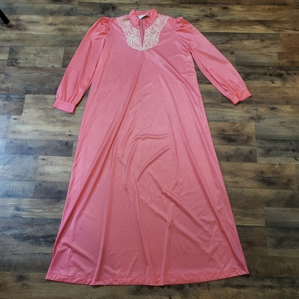 Vintage Sans Souci 3/4th Sleeve Pink Lace Maxi Nightgown Slip Dress Size Medium